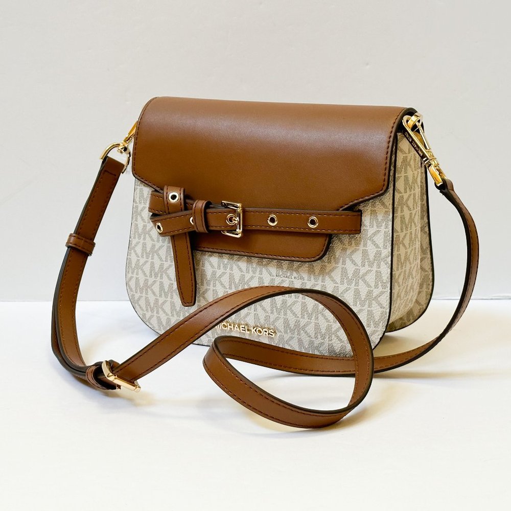 Michael Kors Emilia Small Saddle Crossbody Shoulder Bag MK Vanilla Brown - Picture 7 of 9